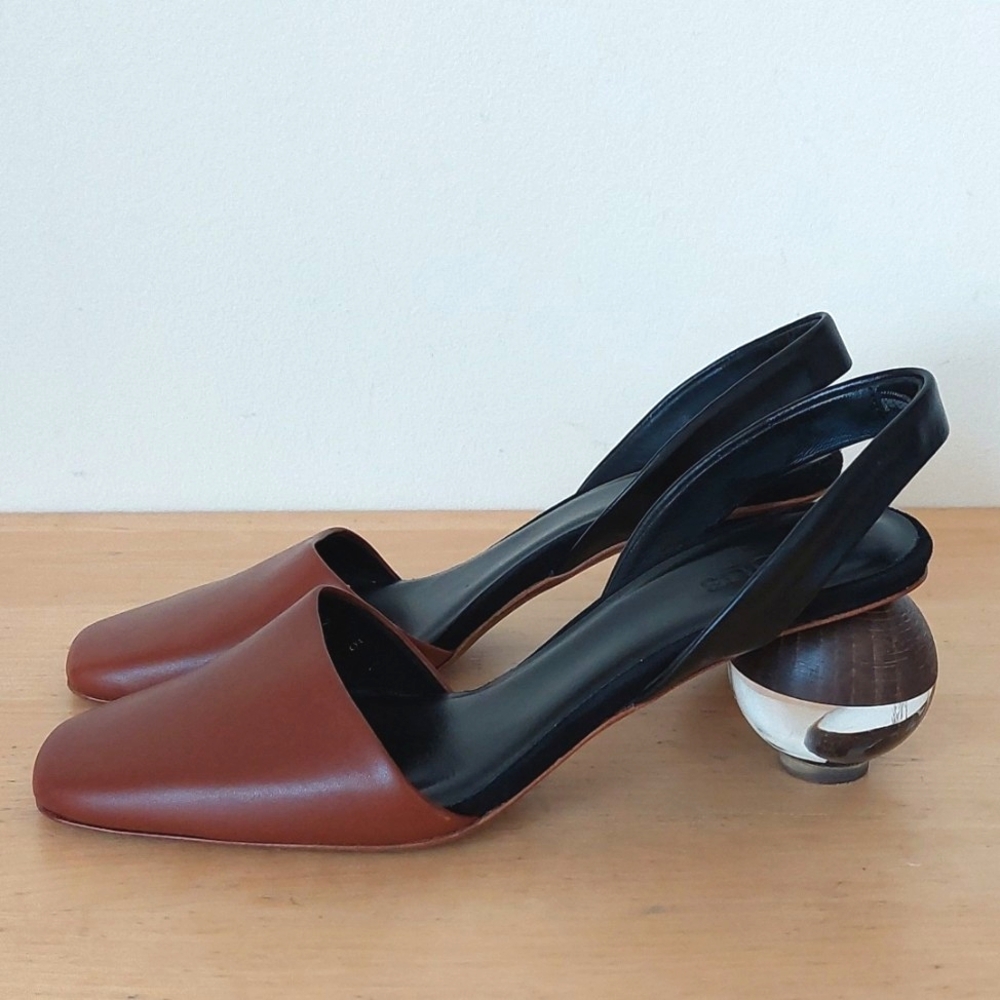 Neous Squre Toe Spherical Heel Brown Leather Mules / Sandals